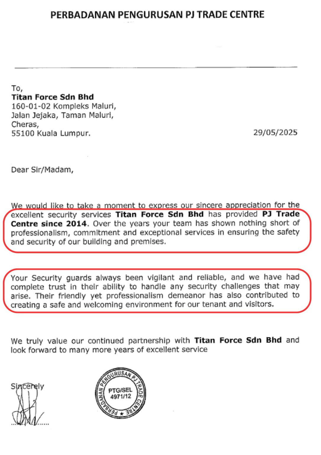 Company appraisal letters and awards presented to Titan Force for excellence in certified security services in Malaysia