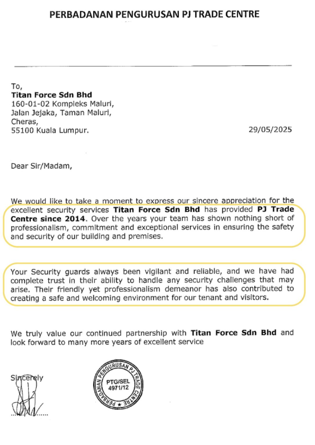 Company appraisal letters and awards presented to Titan Force for excellence in certified security services in Malaysia