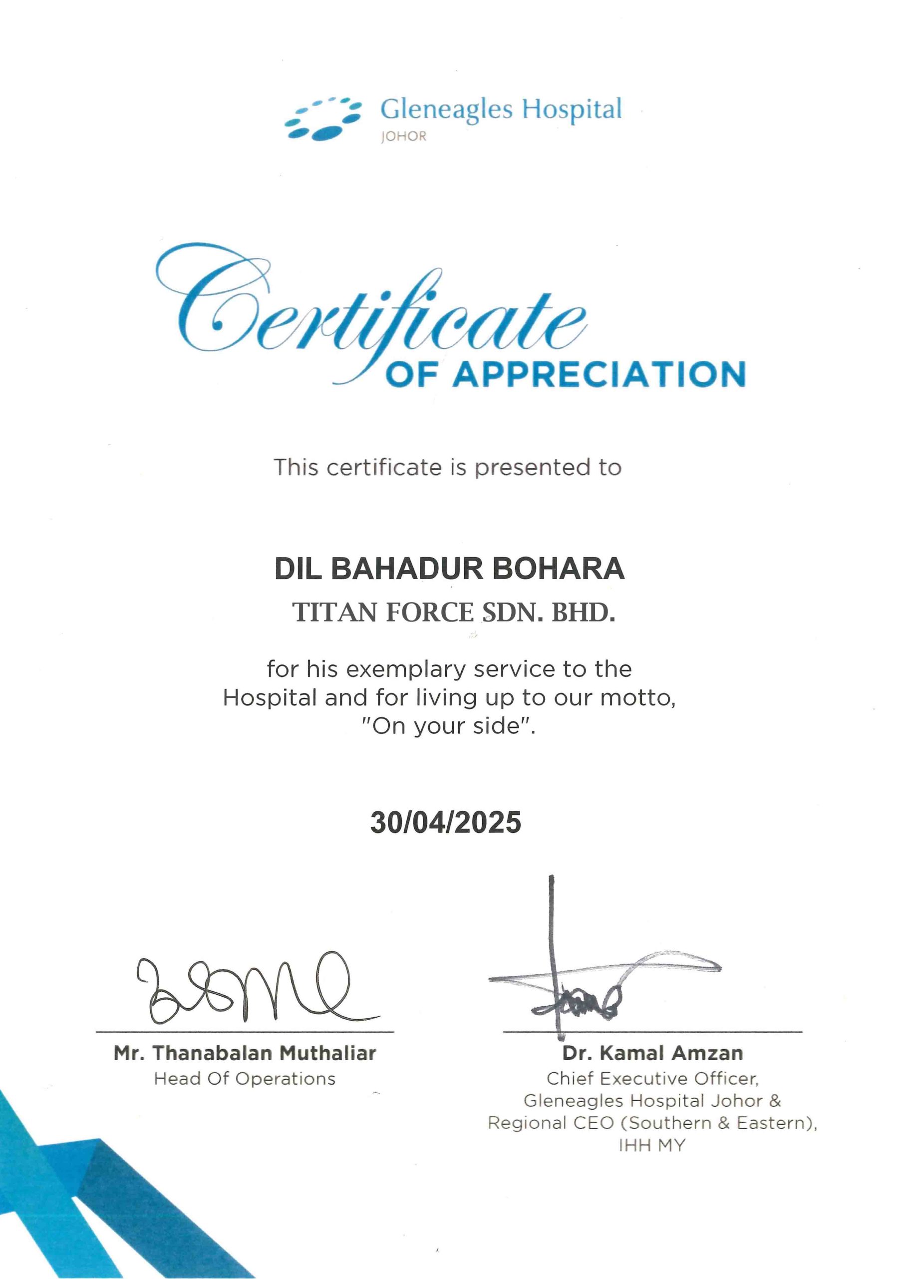 Certified security guard certificate issued to Titan Force personnel for licensed security services in Malaysia