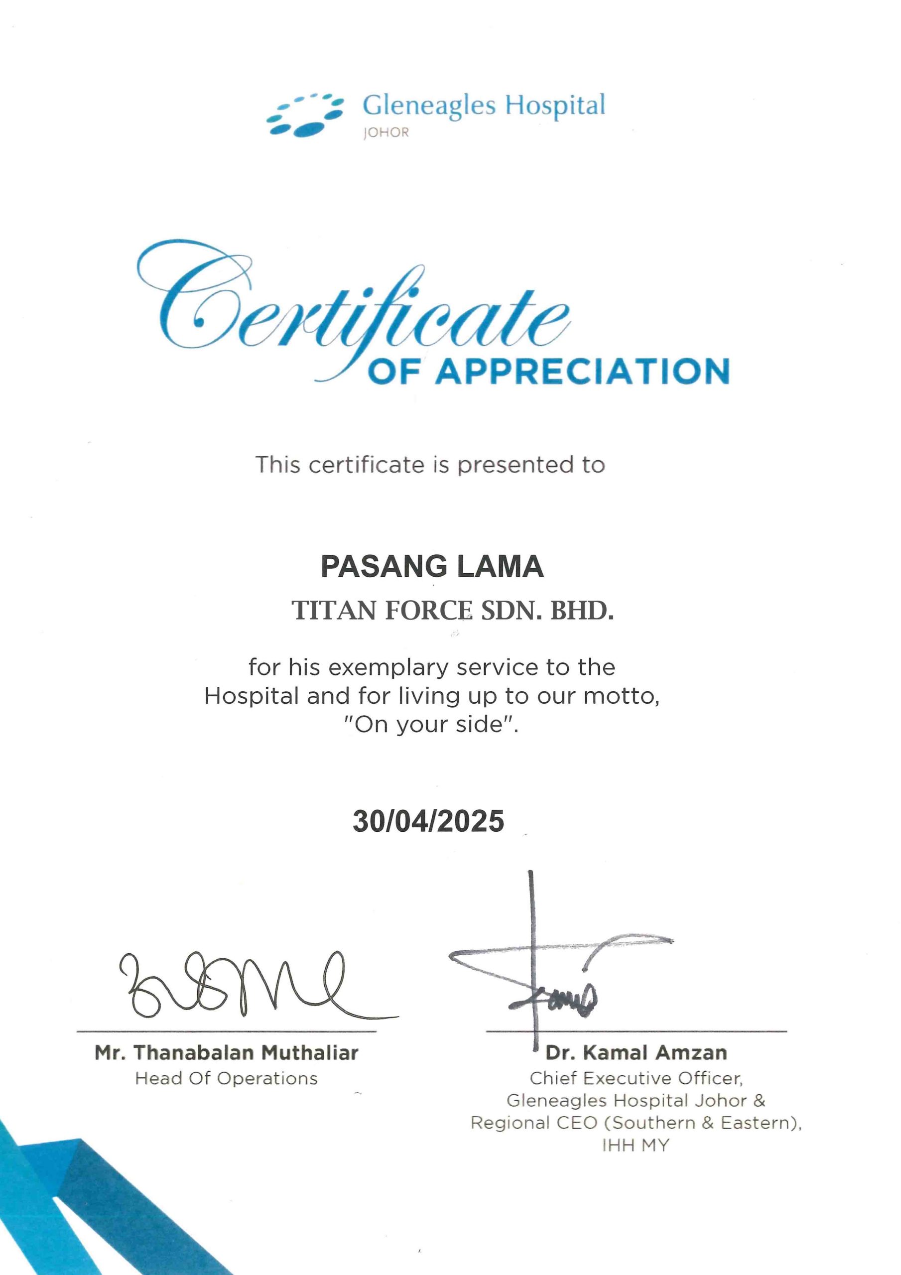 Certified security guard certificate issued to Titan Force personnel for licensed security services in Malaysia