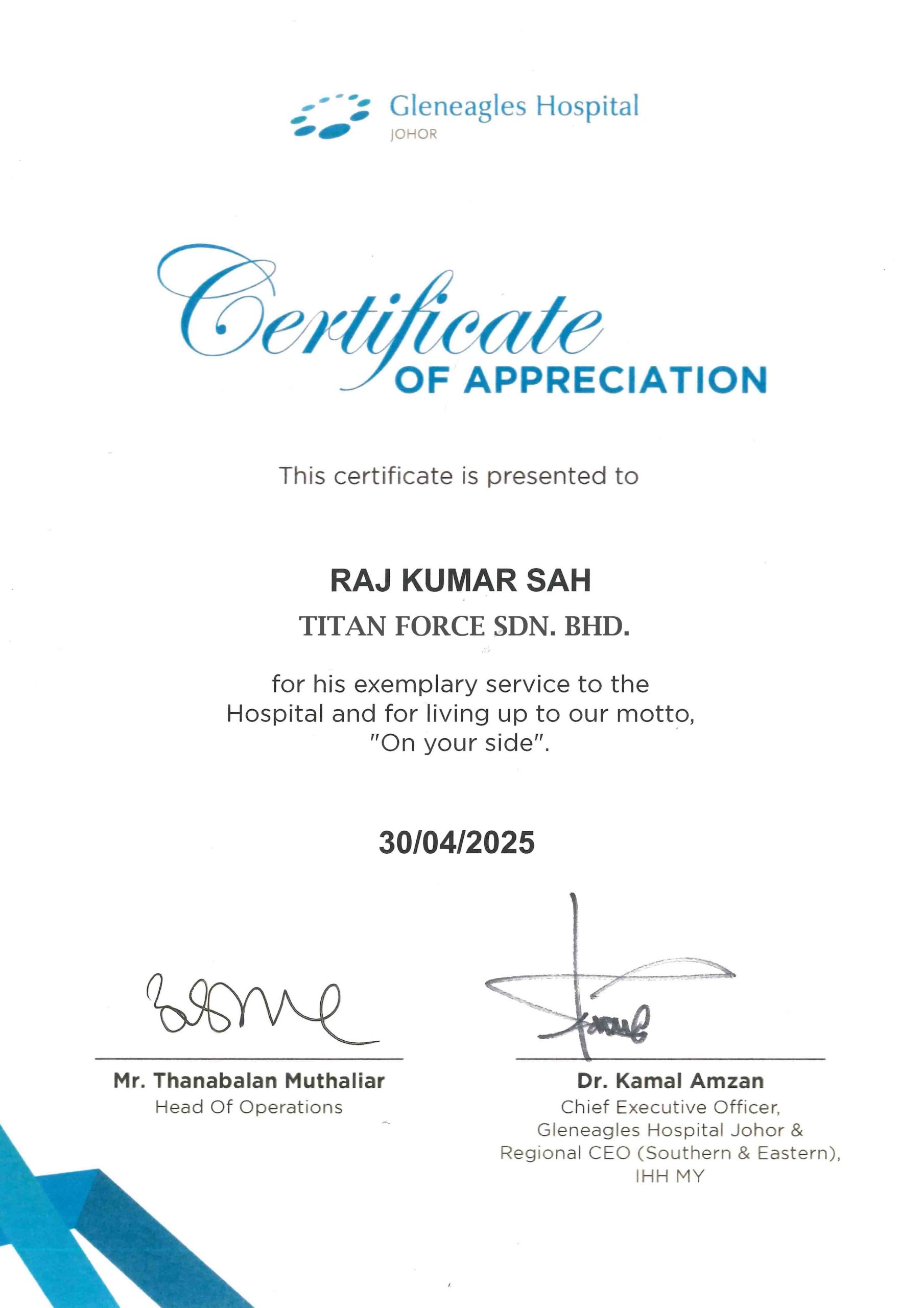 Certified security guard certificate issued to Titan Force personnel for licensed security services in Malaysia