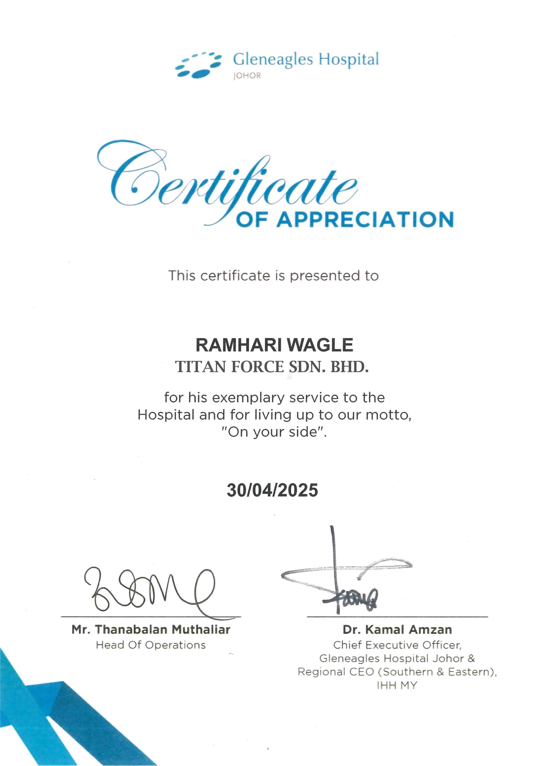 Certified security guard certificate issued to Titan Force personnel for licensed security services in Malaysia