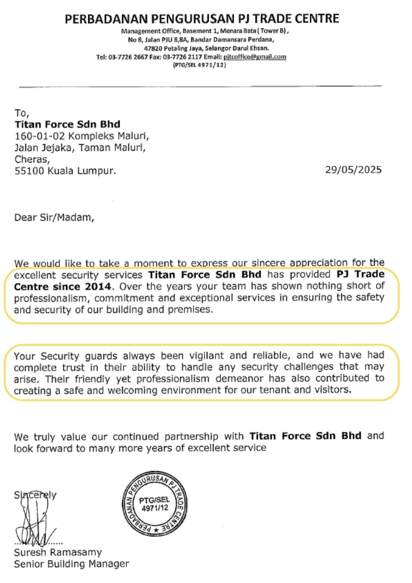 Company appraisal letters and awards presented to Titan Force for excellence in certified security services in Malaysia