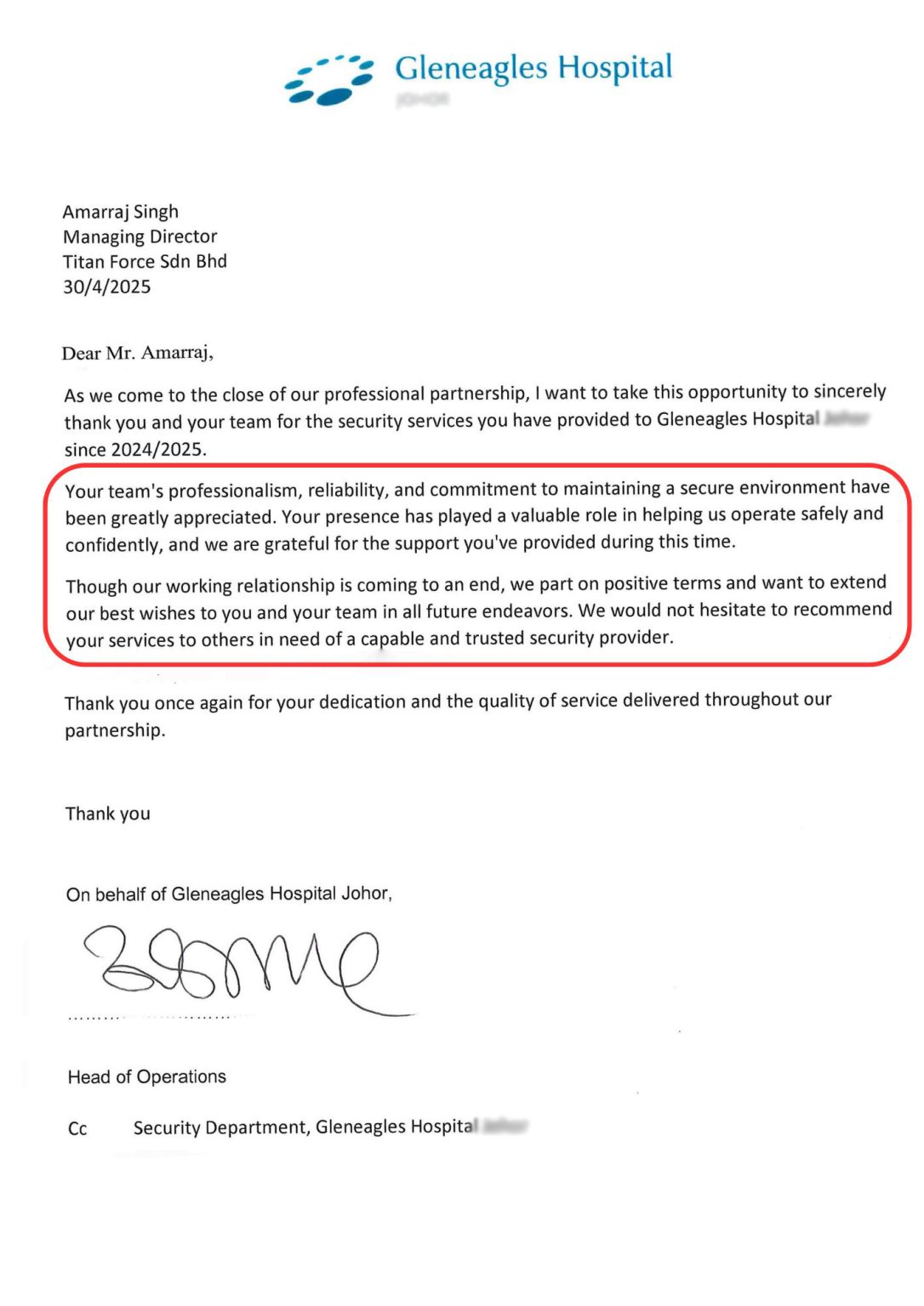 AXIS appraisal testimonial Letter for Titan Force Security Company