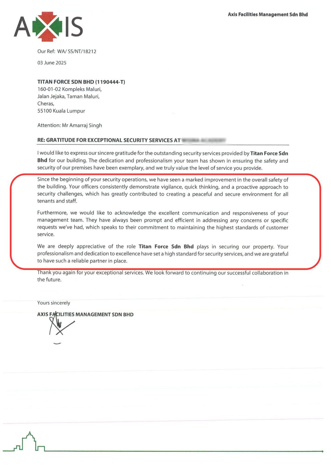 AXIS appraisal testimonial Letter for Titan Force Security Company