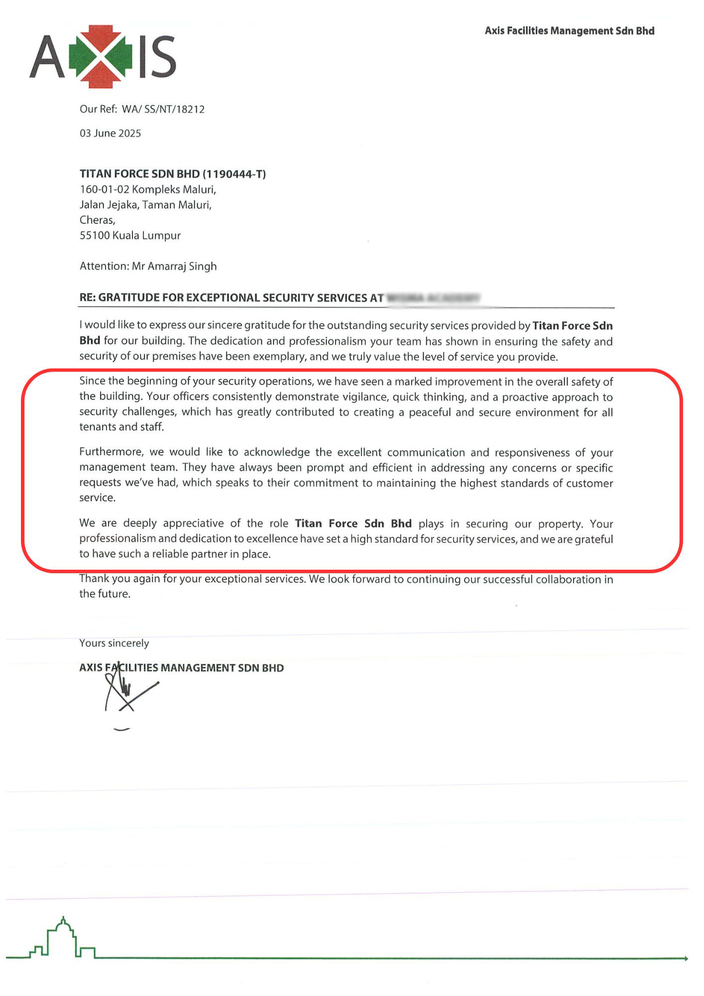 AXIS appraisal testimonial Letter for Titan Force Security Company