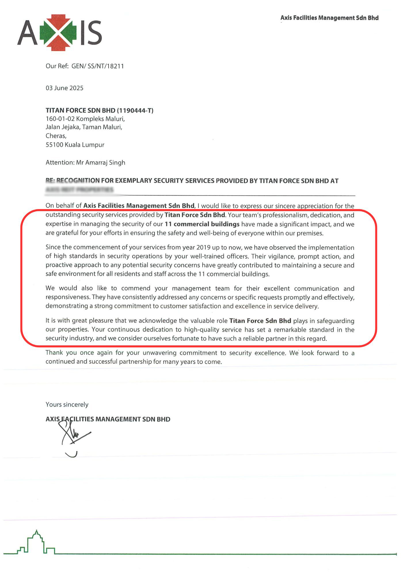 Company appraisal letters and awards presented to Titan Force for excellence in certified security services in Malaysia