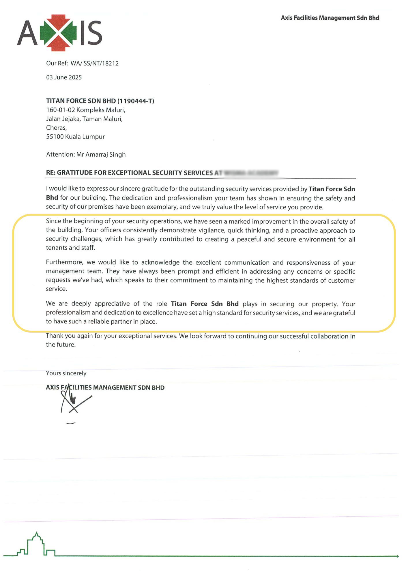 AXIS appraisal testimonial Letter for Titan Force Security Company