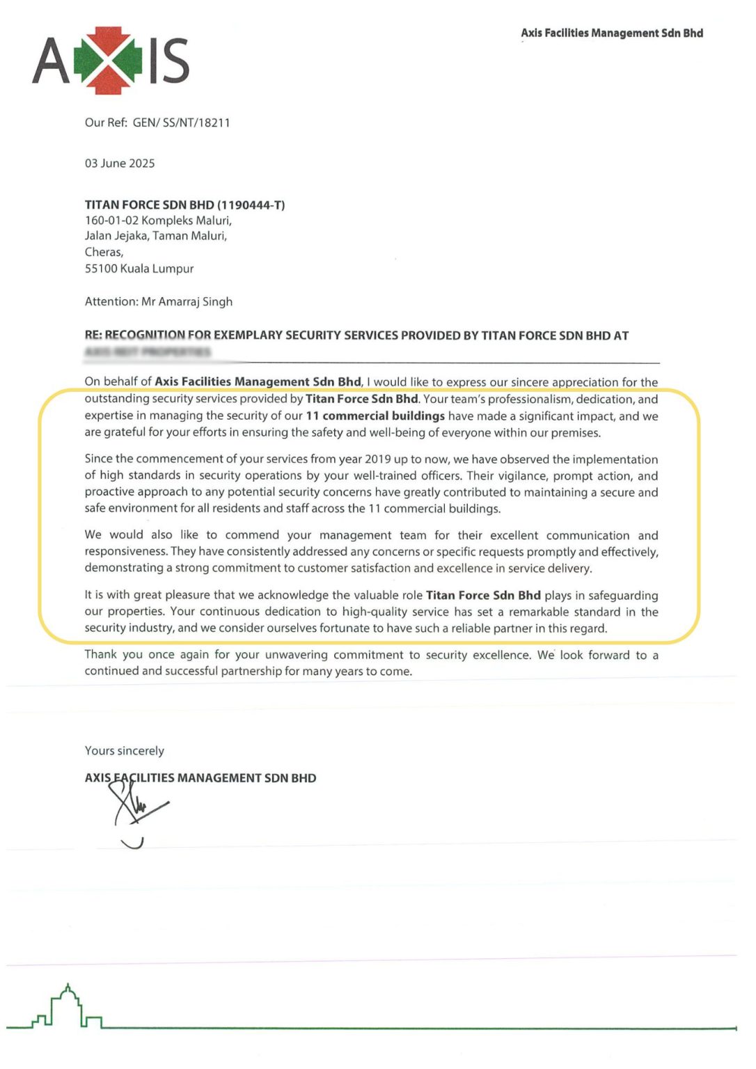 AXIS appraisal testimonial Letter for Titan Force Security Company