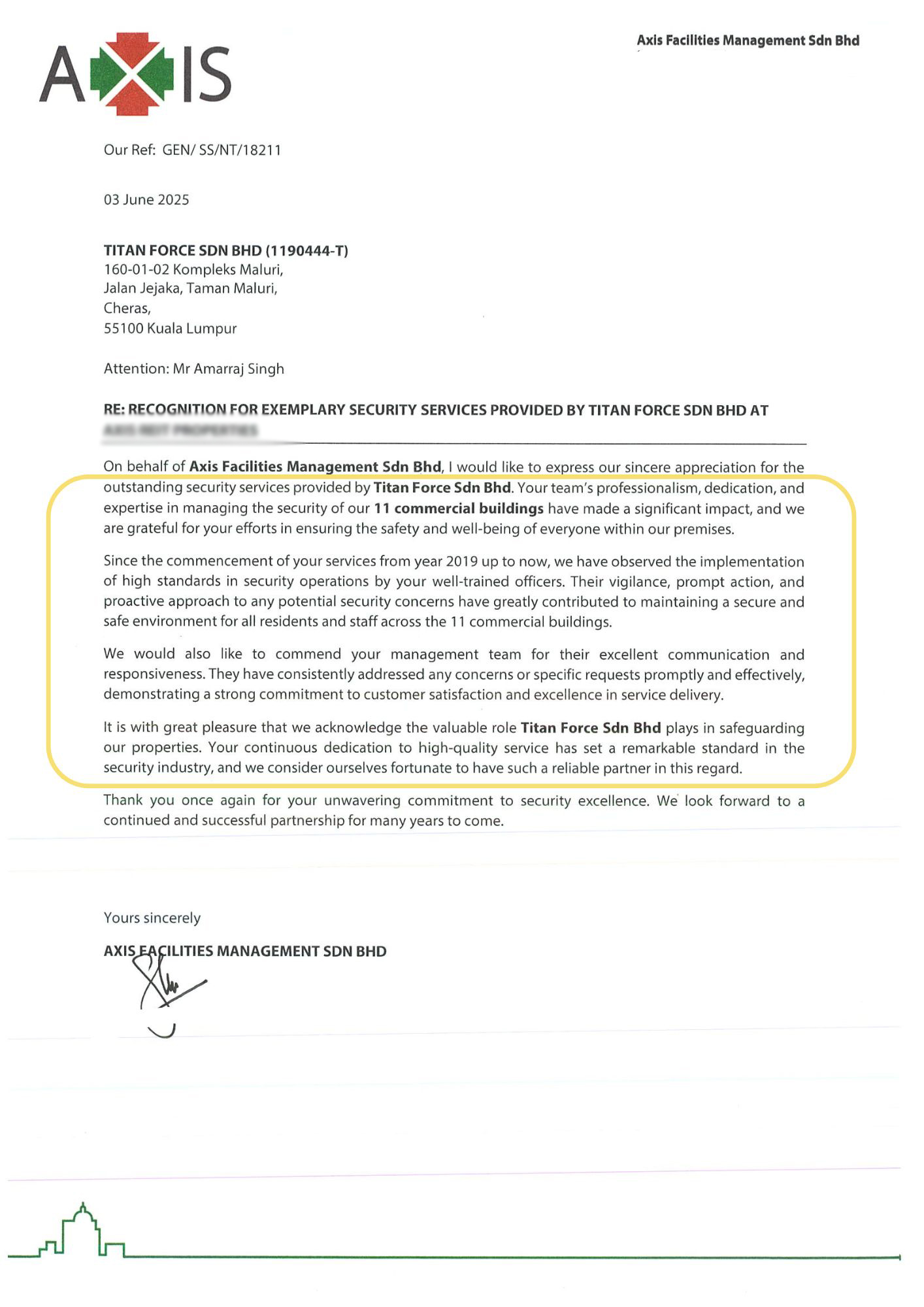 AXIS appraisal testimonial Letter for Titan Force Security Company